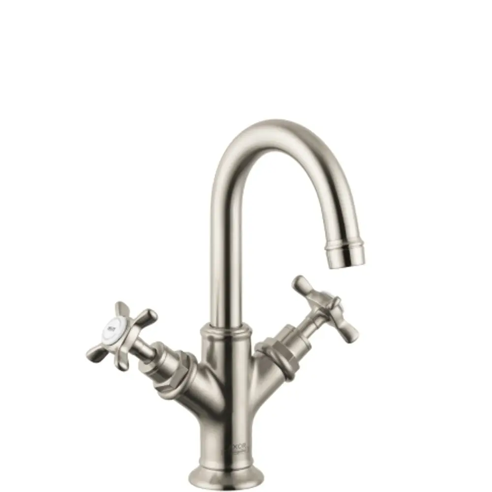 Waschtischarmatur mit zwei Kreuzgriffen in brushed Nickel von AXOR. Geeignet für Handwaschbecken, ausgestattet mit einer Zugstangen-Ablaufgarnitur.